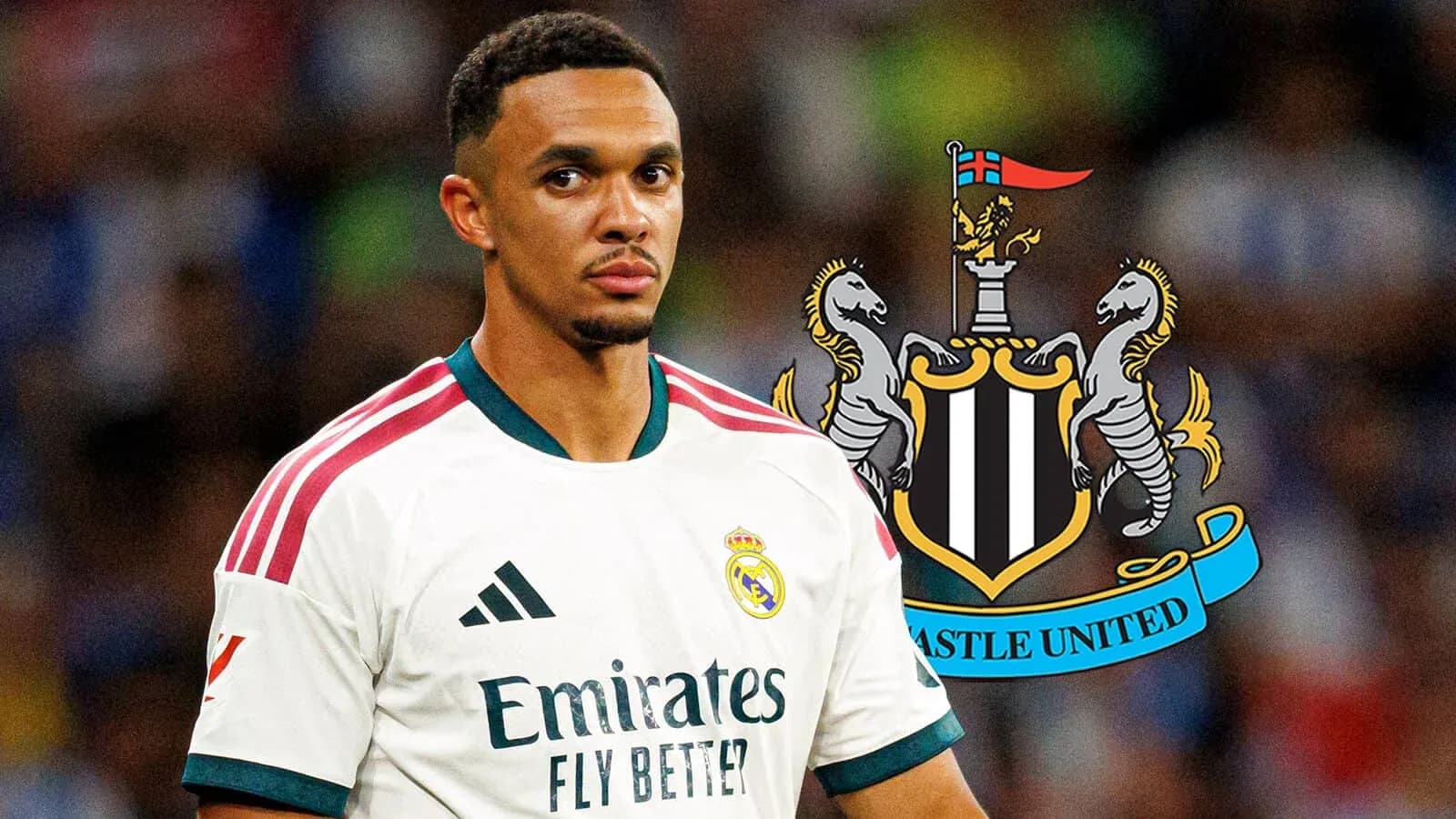 Futbolchi Real Madrid formasida, Newcastle United emblemasi orqasida Futbolchi Real Madrid formasida, Newcastle United emblemasi orqasida