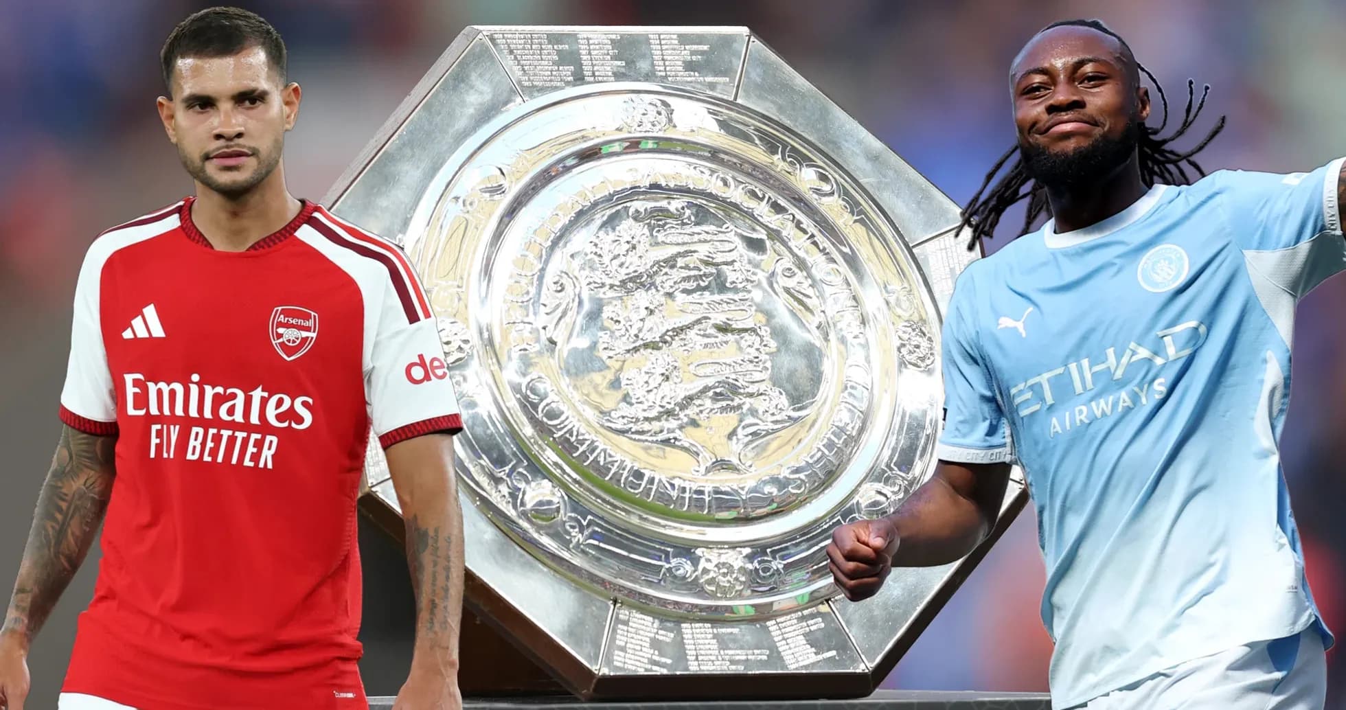 Arsenal and Manchester City players with trophy Arsenal and Manchester City players with trophy
