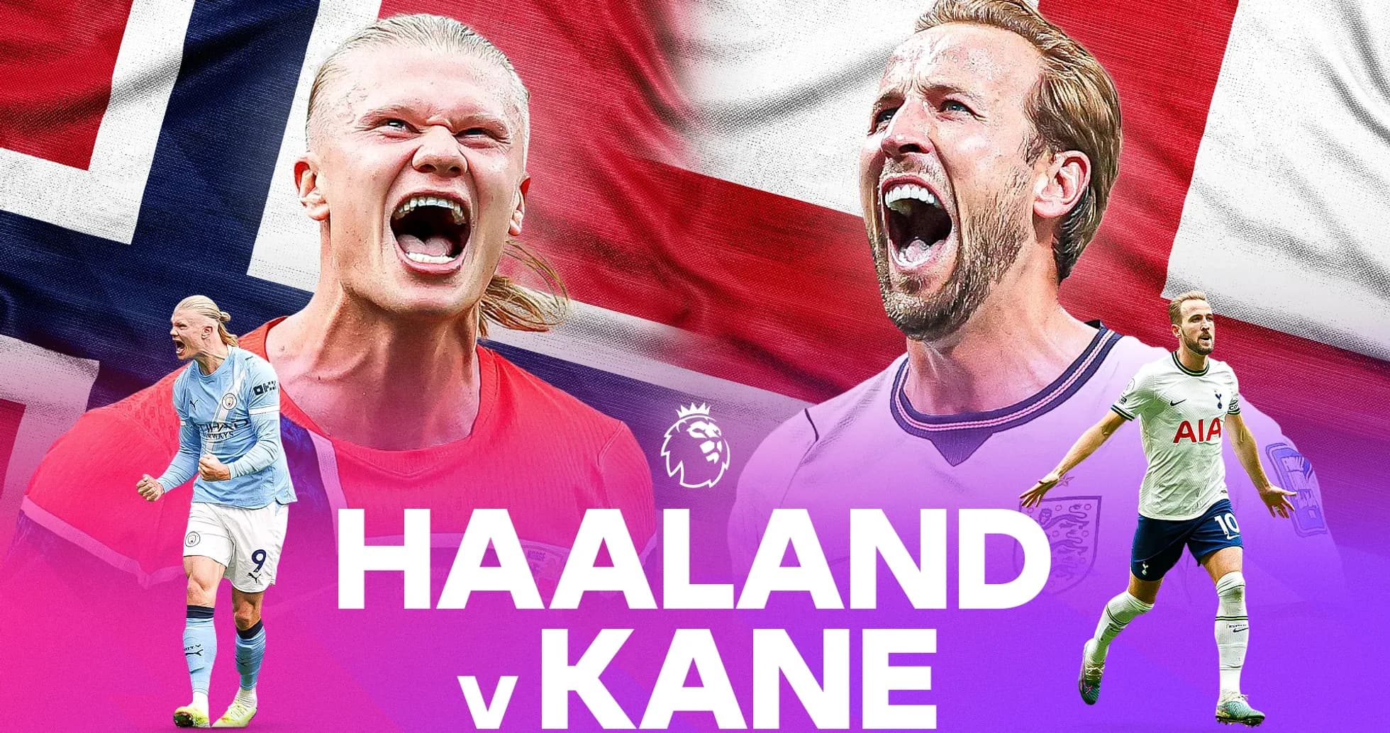 Haaland and Kane with national flags background Haaland and Kane with national flags background