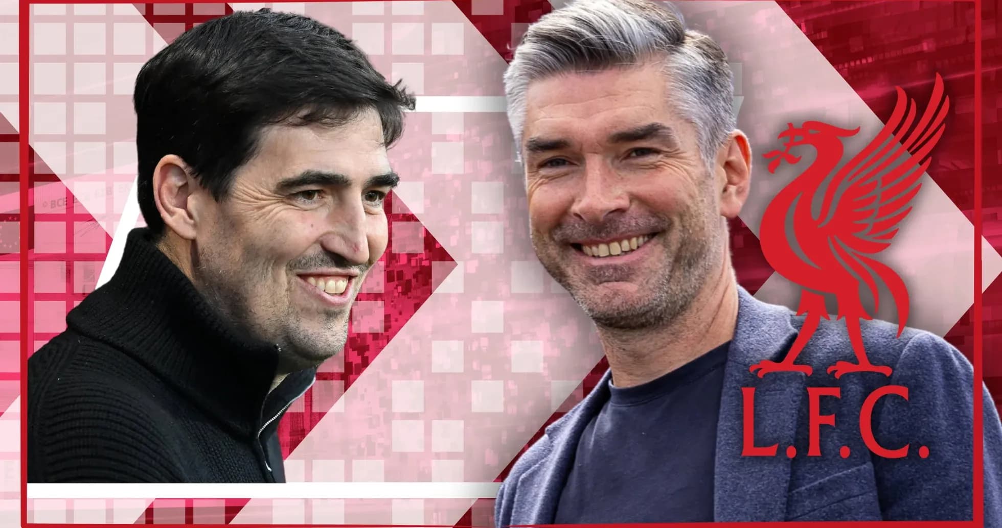 Two football coaches smiling with Liverpool logo background Two football coaches smiling with Liverpool logo background