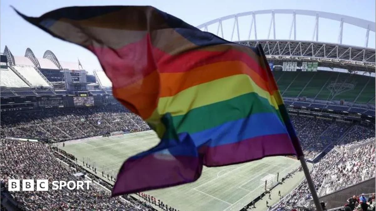 Rainbow flag waving at sports stadium during event Rainbow flag waving at sports stadium during event