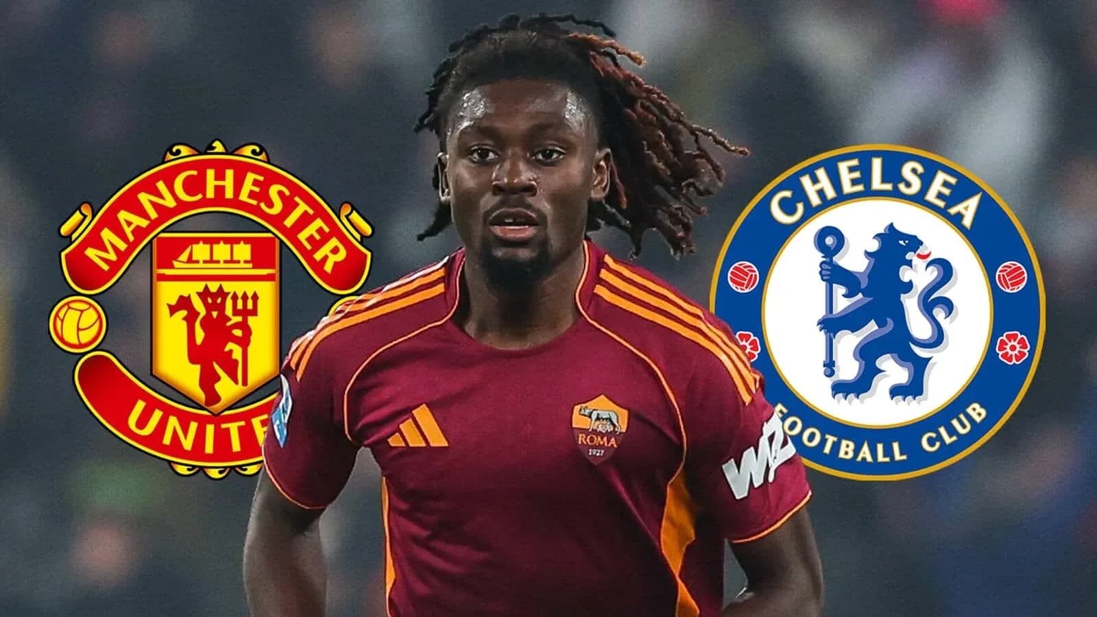 Futbolchi Roma formasida, Manchester United va Chelsea logotiplari Futbolchi Roma formasida, Manchester United va Chelsea logotiplari