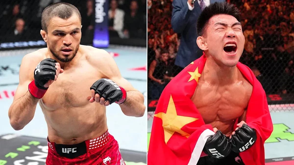 Two MMA fighters in the octagon during match Two MMA fighters in the octagon during match