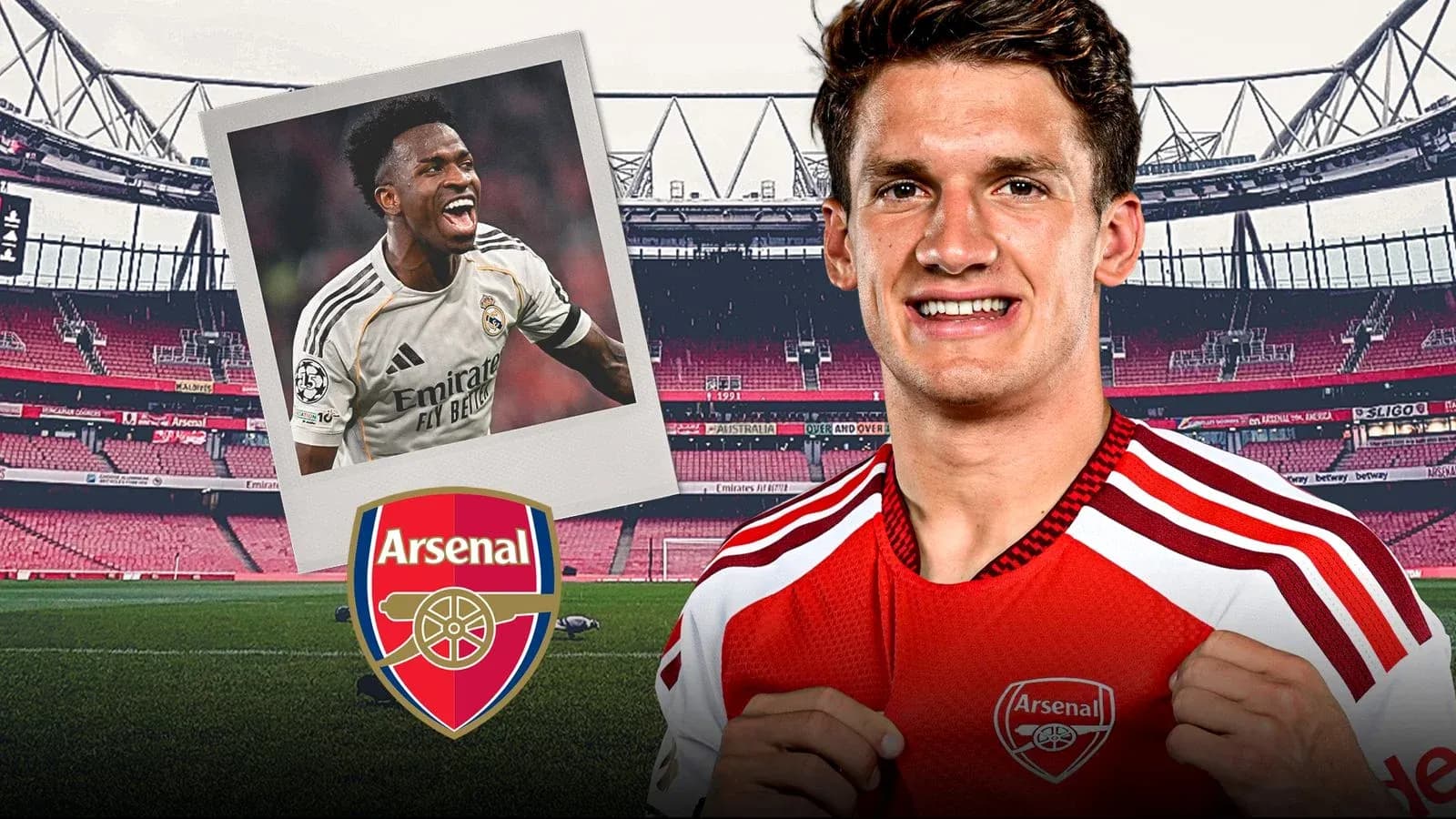 Arsenal player posing with club logo and stadium Arsenal player posing with club logo and stadium