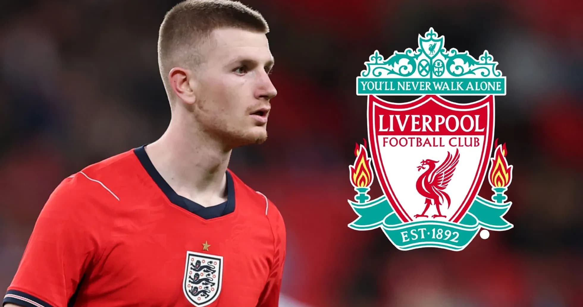 Futbolchi qizil forma kiygan, Liverpool emblemasi bilan Futbolchi qizil forma kiygan, Liverpool emblemasi bilan
