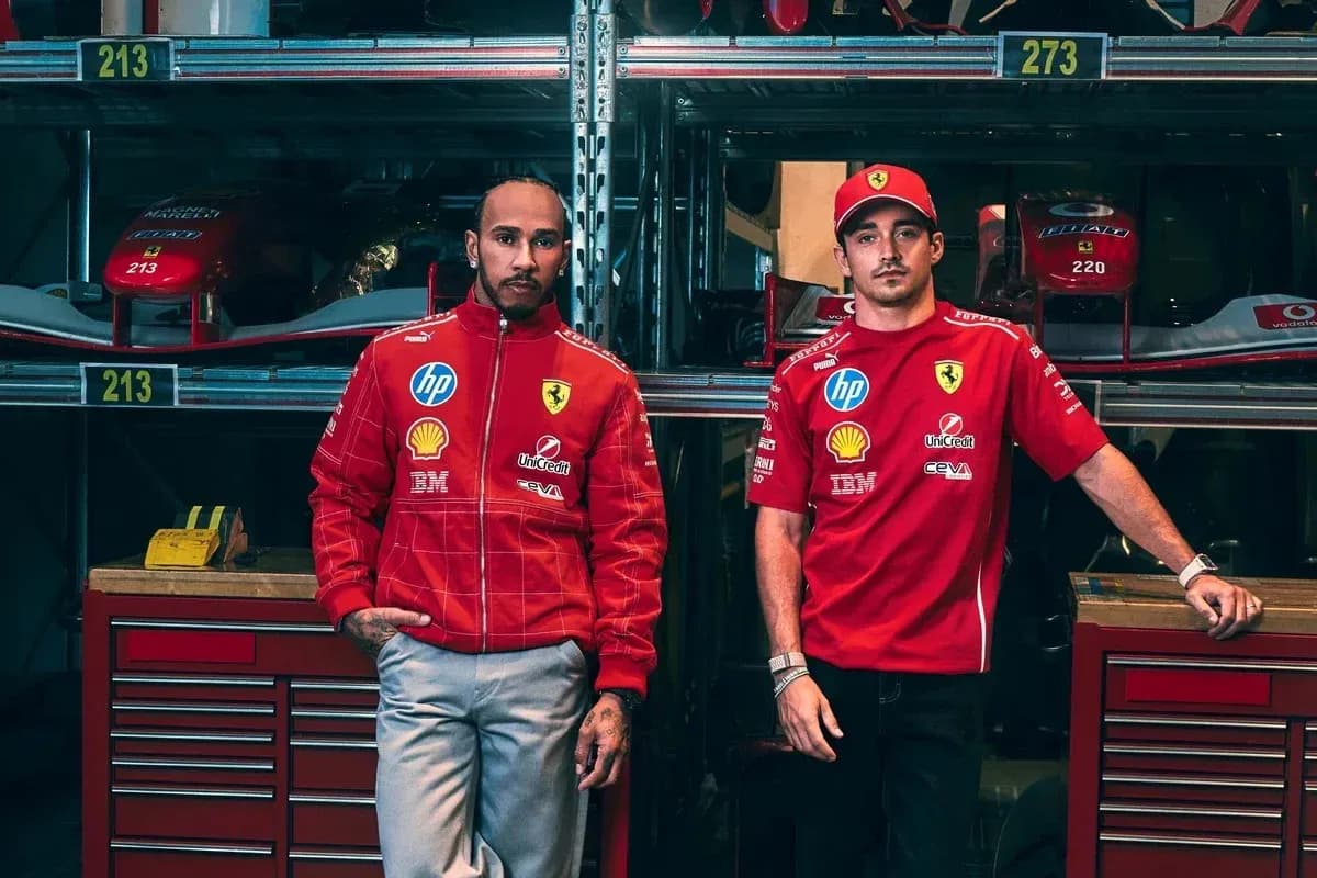 Lewis Hamilton and Charles Leclerc in Ferrari attire Lewis Hamilton and Charles Leclerc in Ferrari attire