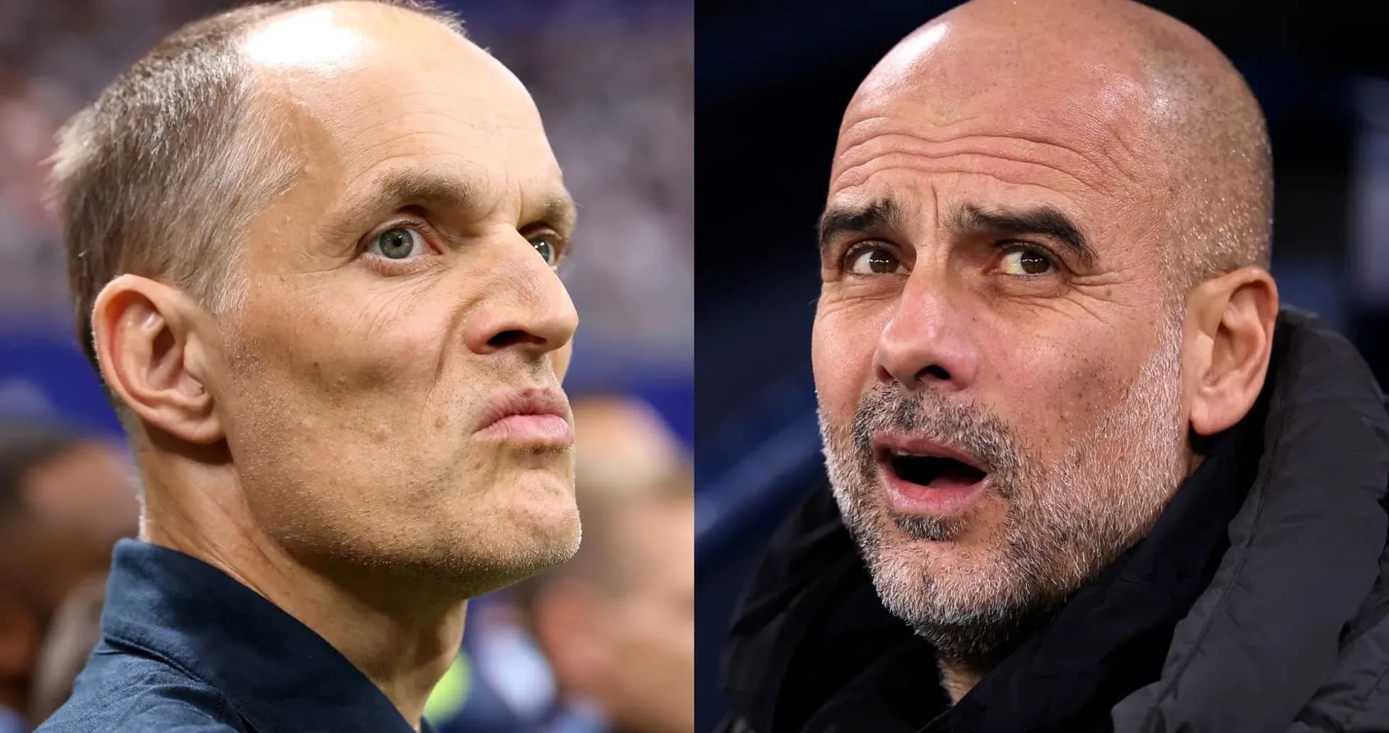 Trainers Thomas Tuchel and Pep Guardiola during match Trainers Thomas Tuchel and Pep Guardiola during match