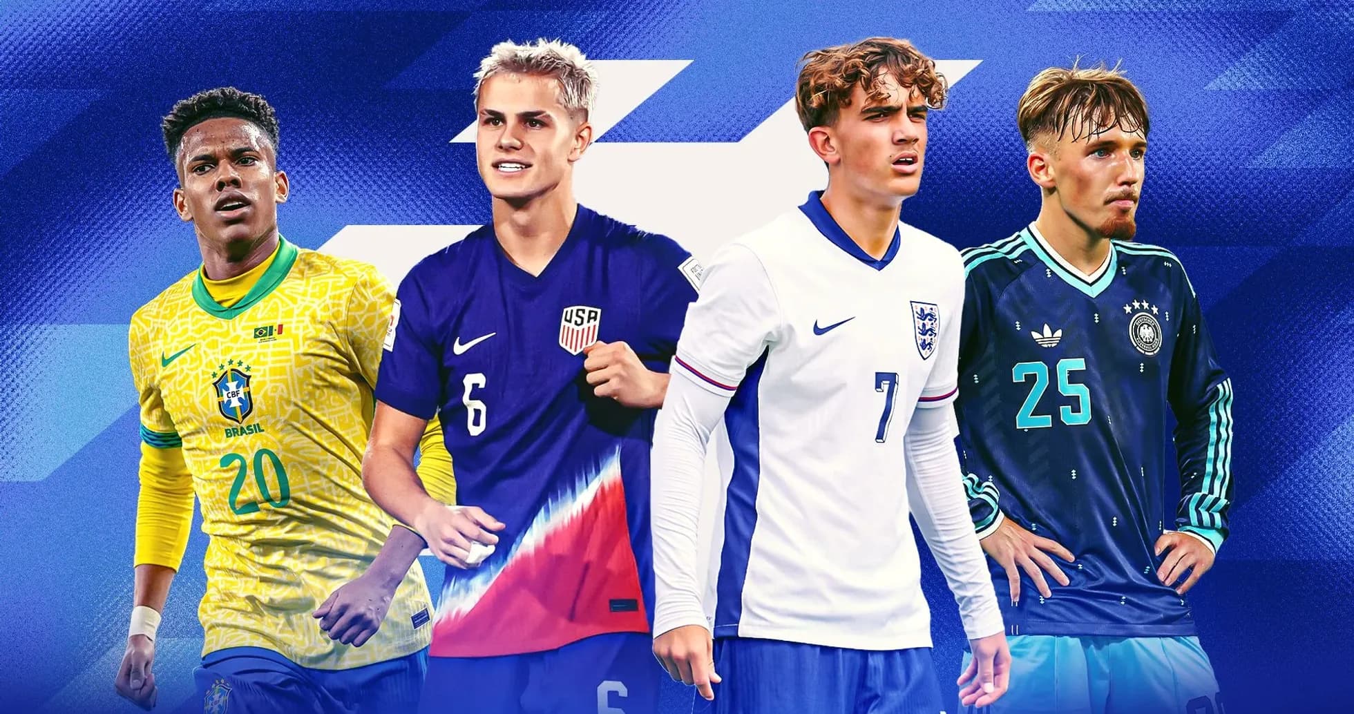Four young soccer players in national team jerseys Four young soccer players in national team jerseys