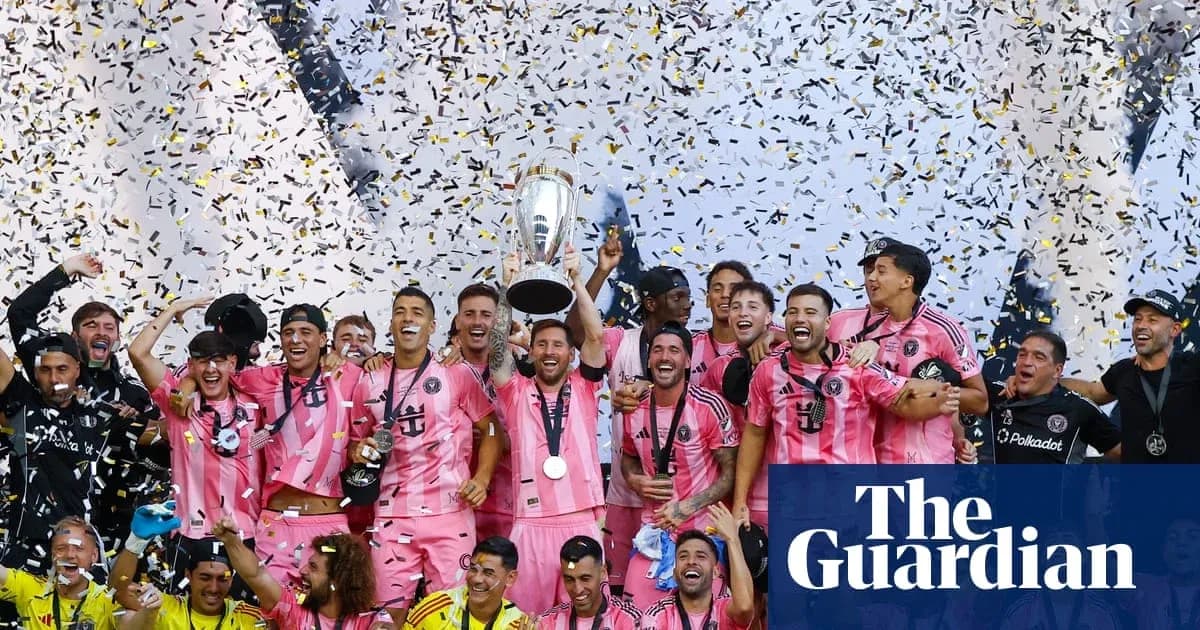 Inter Miami players celebrating with trophy and confetti Inter Miami players celebrating with trophy and confetti