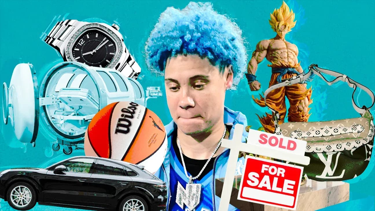 Person with blue hair surrounded by luxury items Person with blue hair surrounded by luxury items