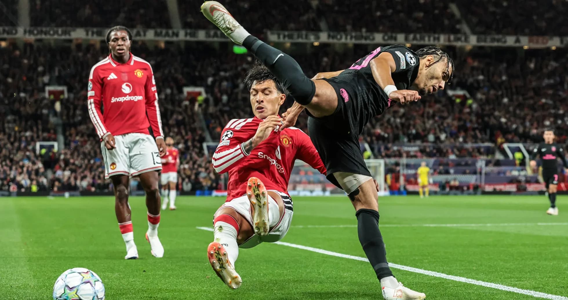 Player tackling opponent near the goal line Player tackling opponent near the goal line