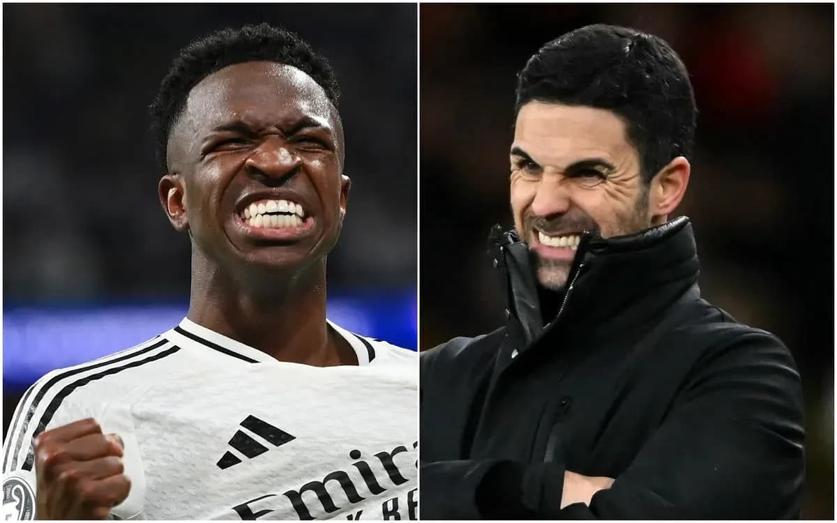 Vinicius Jr. celebrating and Mikel Arteta reacting Vinicius Jr. celebrating and Mikel Arteta reacting