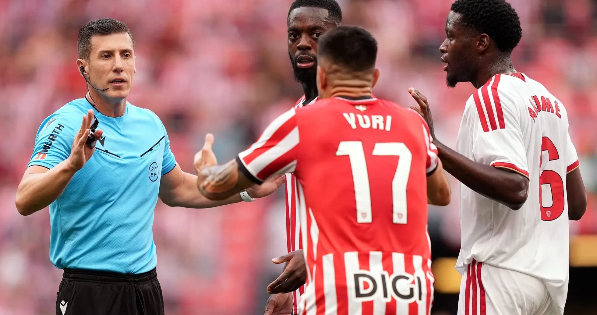 Referee addressing players during a match dispute Referee addressing players during a match dispute