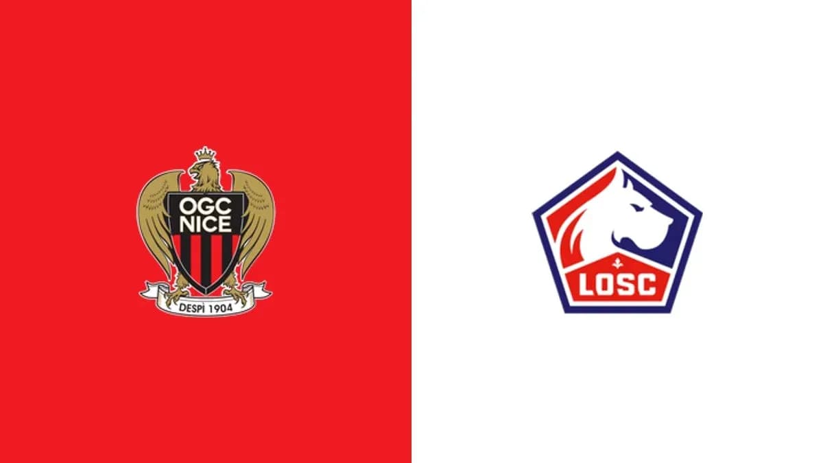 Logos of OGC Nice and LOSC Lille on red and white backgrounds Logos of OGC Nice and LOSC Lille on red and white backgrounds