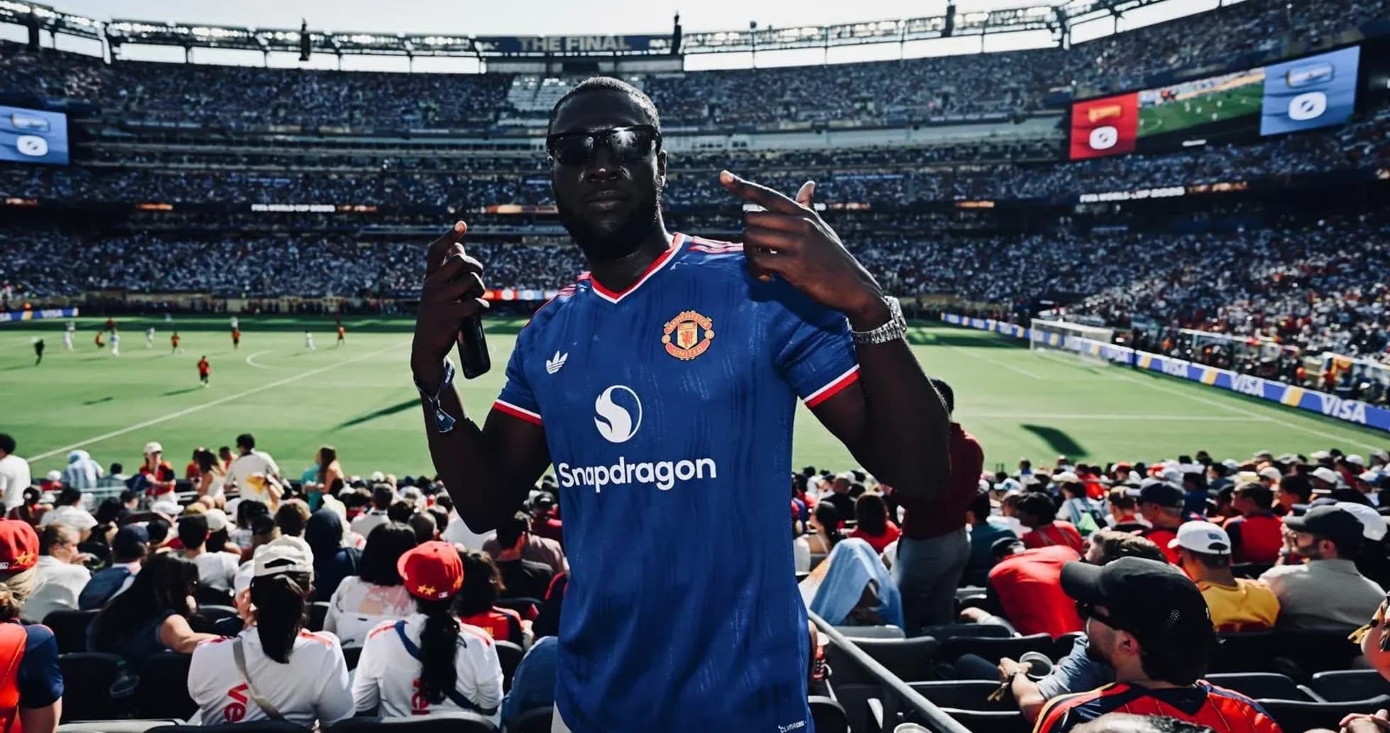 Fan wearing Manchester United jersey at stadium Fan wearing Manchester United jersey at stadium