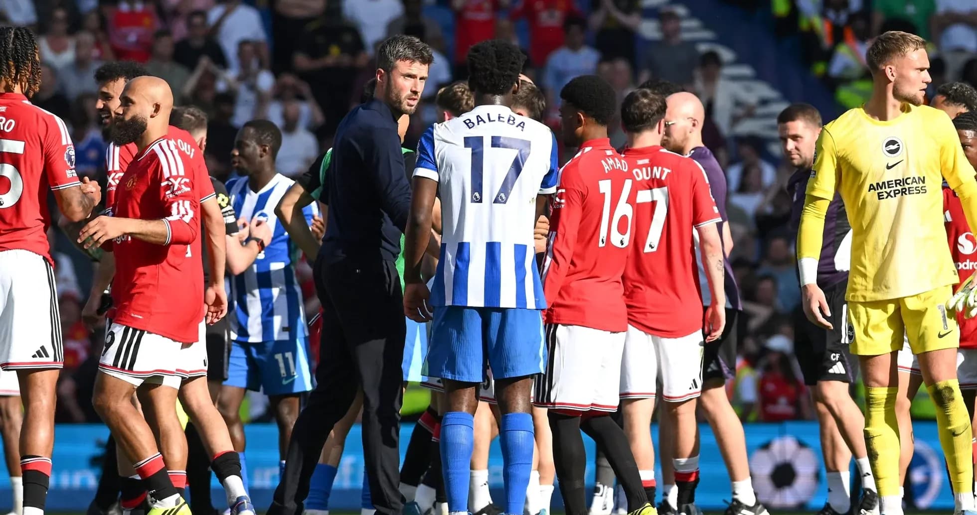 Players from Manchester United and Brighton interacting on field Players from Manchester United and Brighton interacting on field