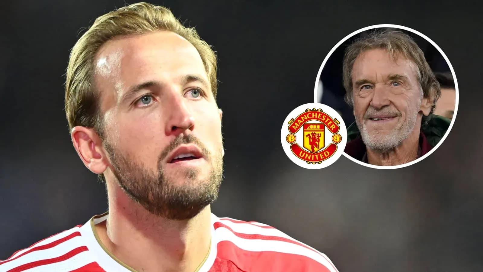 Harry Kane looking concerned with Manchester United logo Harry Kane looking concerned with Manchester United logo