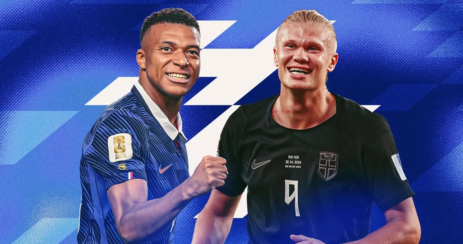 Mbappe and Haaland celebrating in football jerseys Mbappe and Haaland celebrating in football jerseys