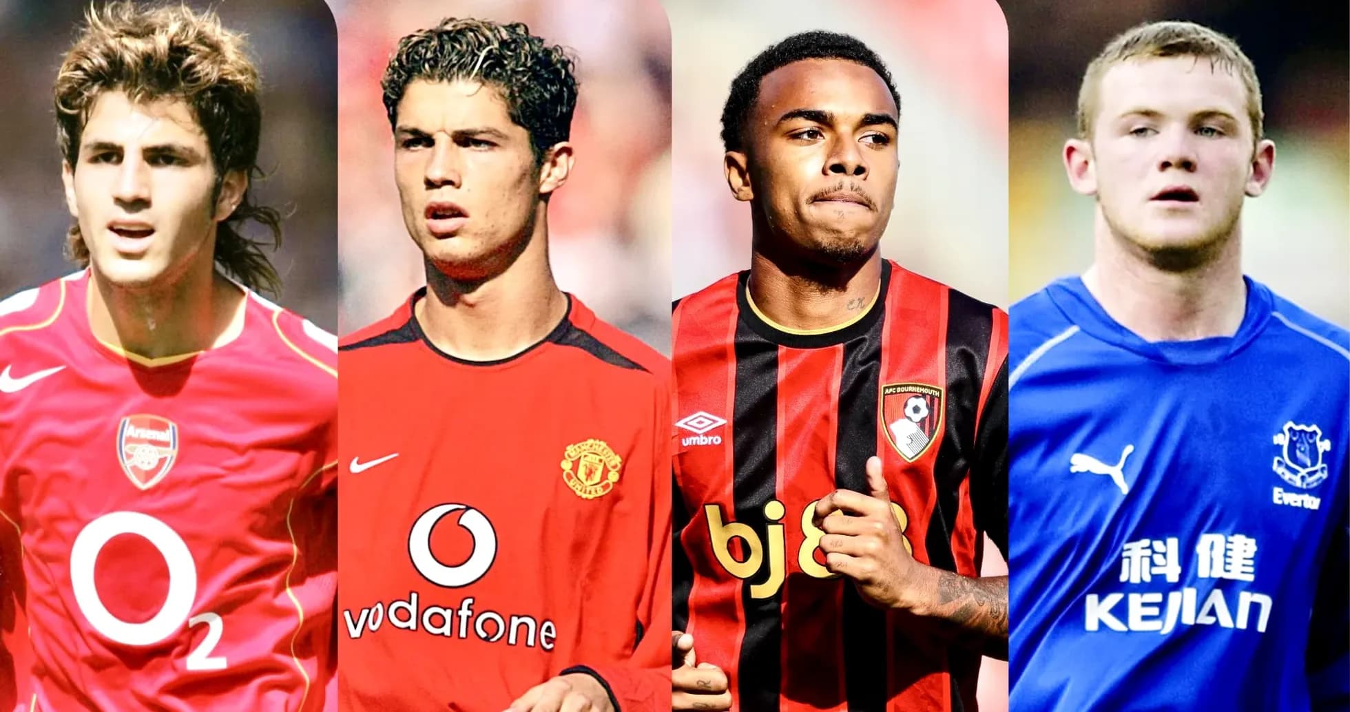 Four football players in club jerseys posing together Four football players in club jerseys posing together