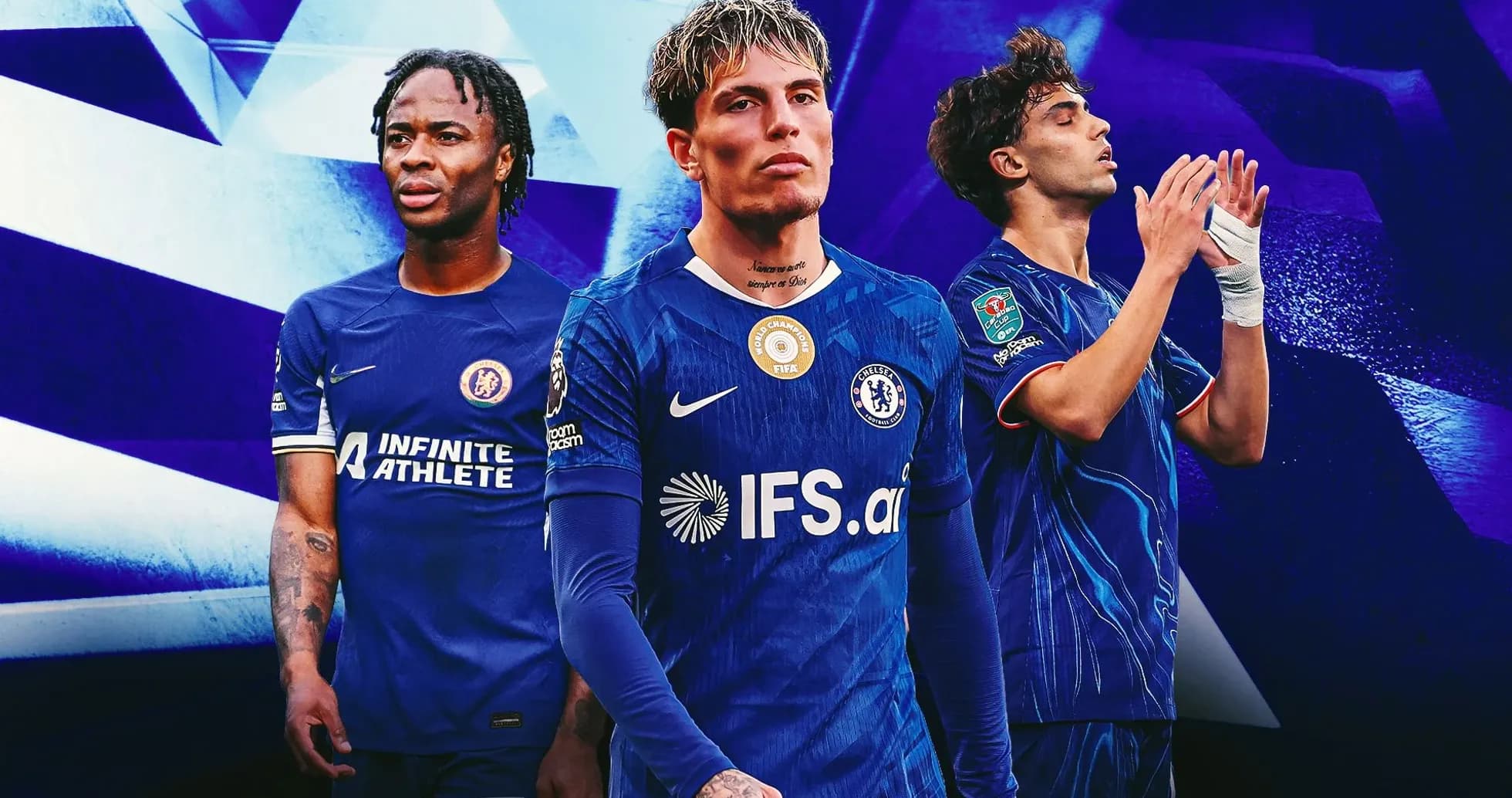 Three Chelsea players in blue kits posing together Three Chelsea players in blue kits posing together