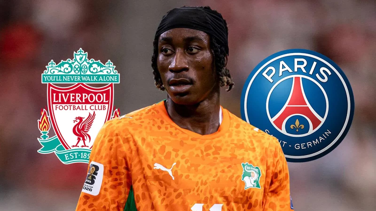 Futbolchi Ivoriyaning Liverpool va PSG logotiplari bilan Futbolchi Ivoriyaning Liverpool va PSG logotiplari bilan
