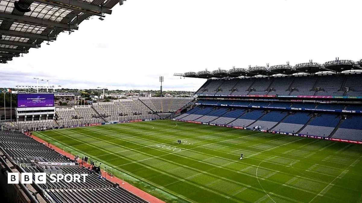 Croke Park stadium with empty seats and pitch Croke Park stadium with empty seats and pitch