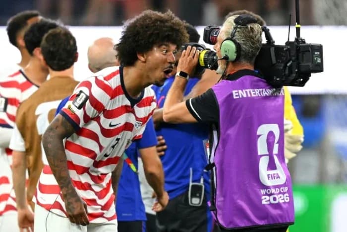US player celebrating and speaking to cameraman US player celebrating and speaking to cameraman