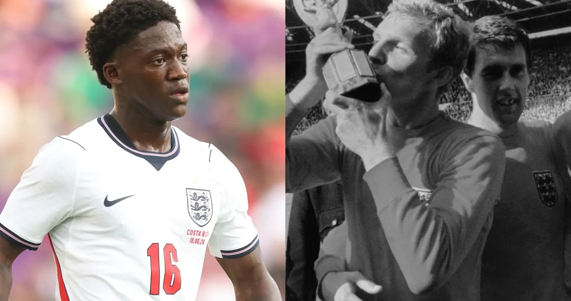 Young player in England kit and historic trophy celebration Young player in England kit and historic trophy celebration