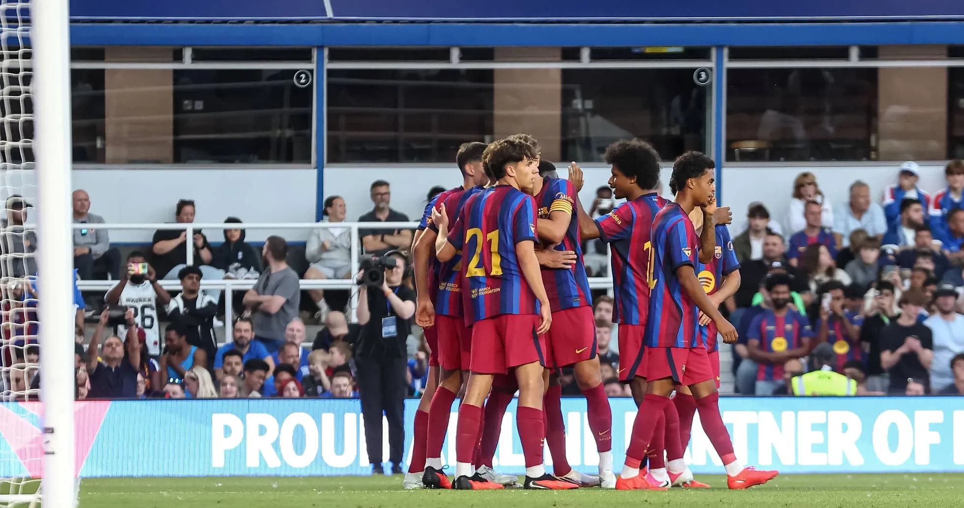 Barcelona players celebrating a goal together Barcelona players celebrating a goal together