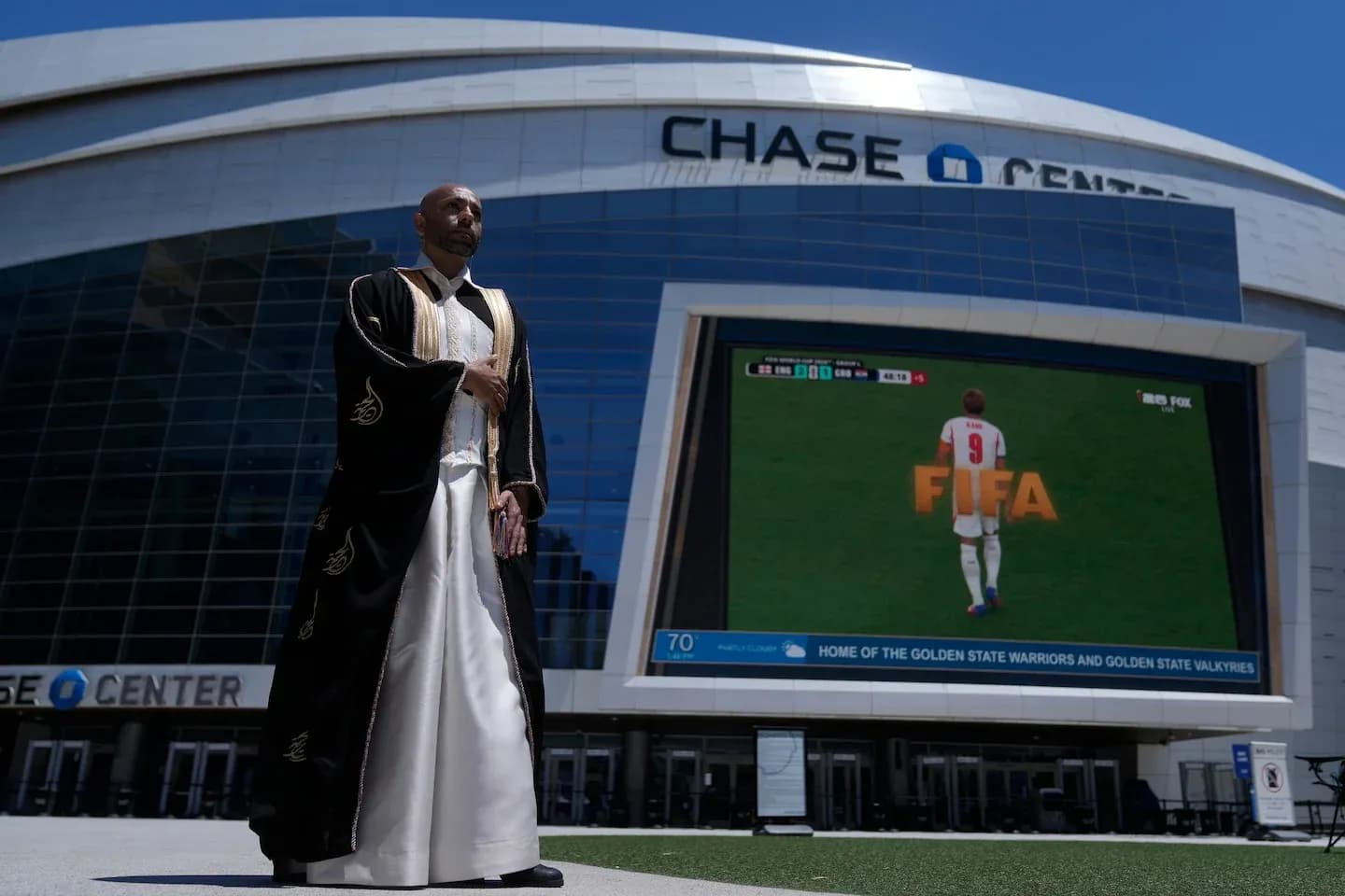 Man in traditional attire outside Chase Center Man in traditional attire outside Chase Center