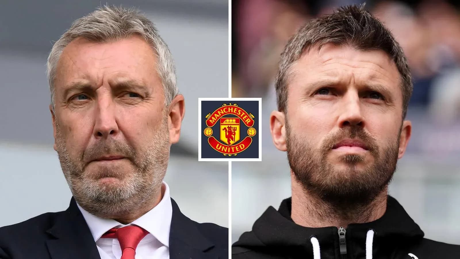 Two coaches posing with Manchester United logo Two coaches posing with Manchester United logo