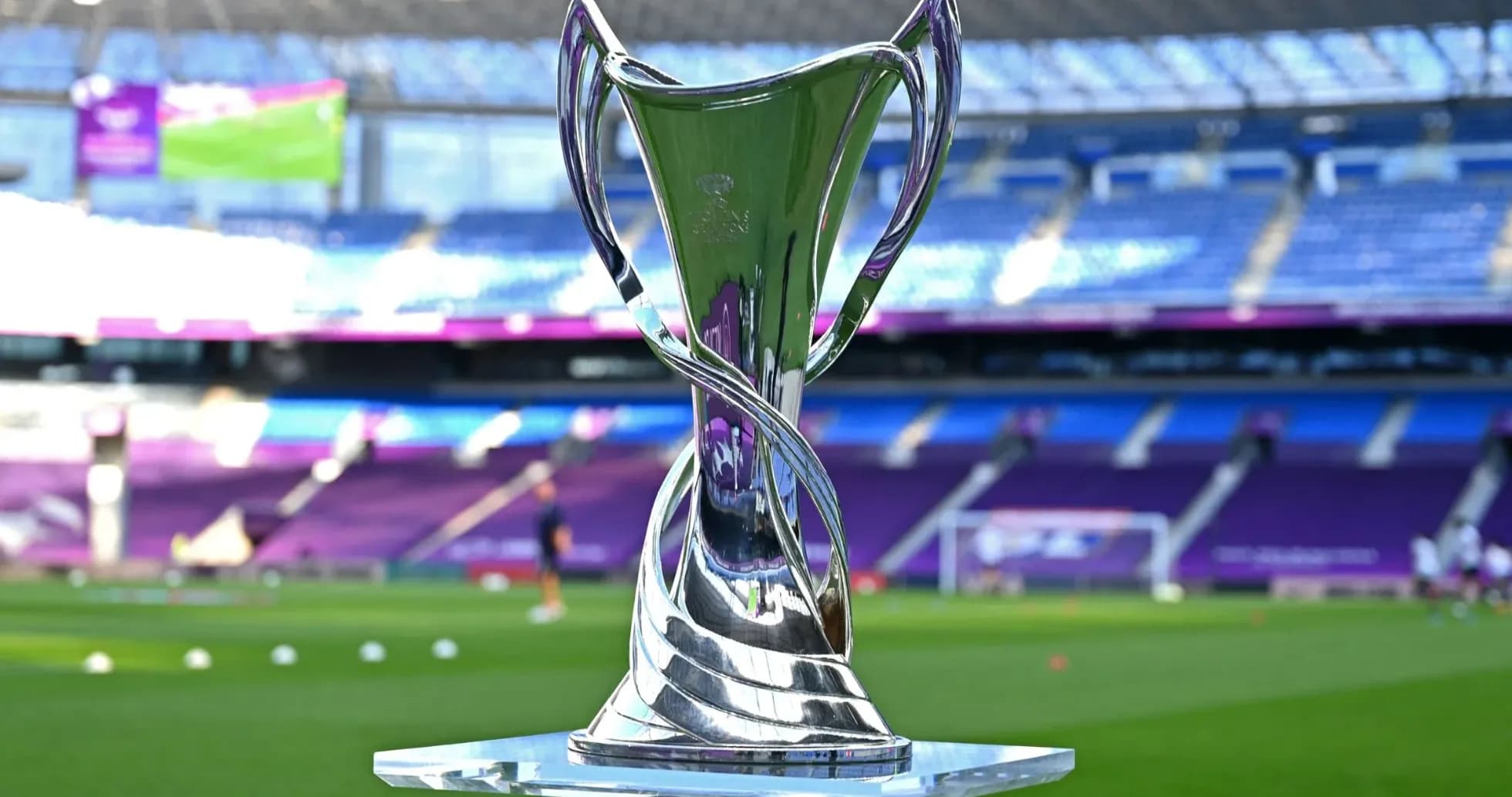 Trophy displayed on field before match Trophy displayed on field before match