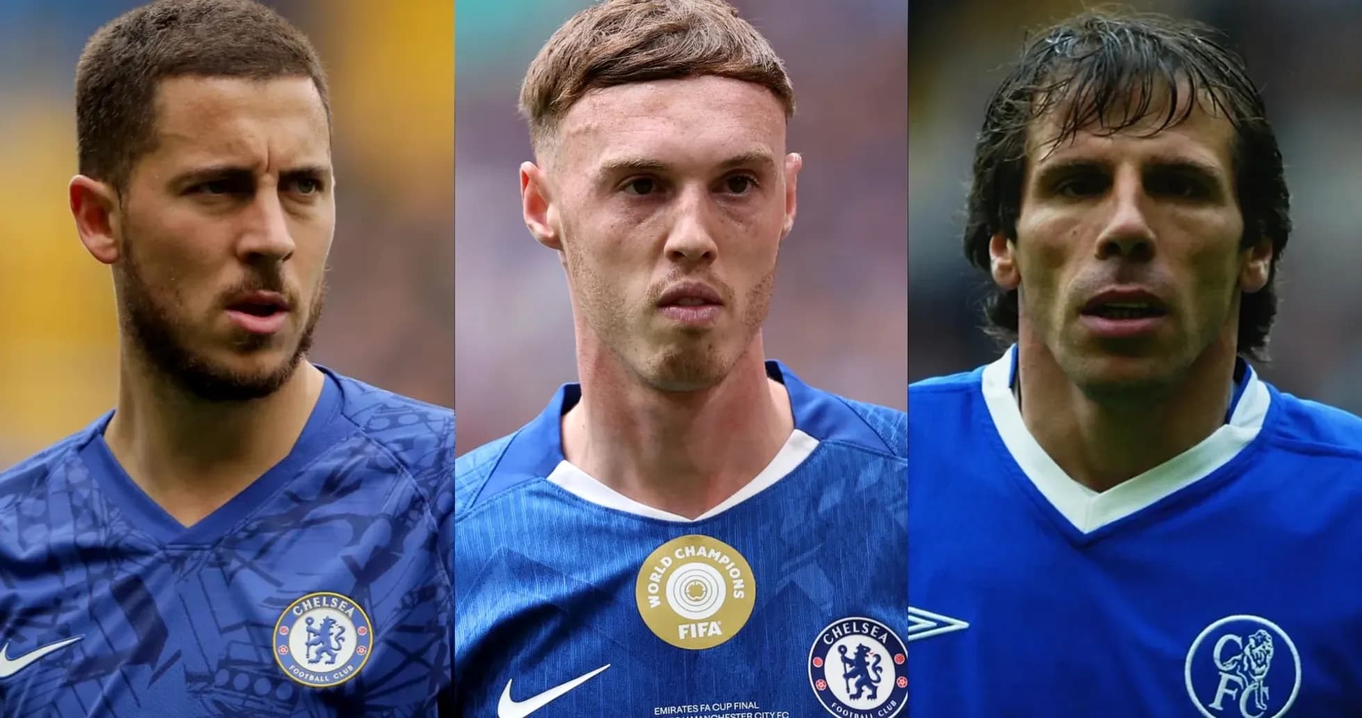 Three Chelsea players in blue kits, focused expressions Three Chelsea players in blue kits, focused expressions