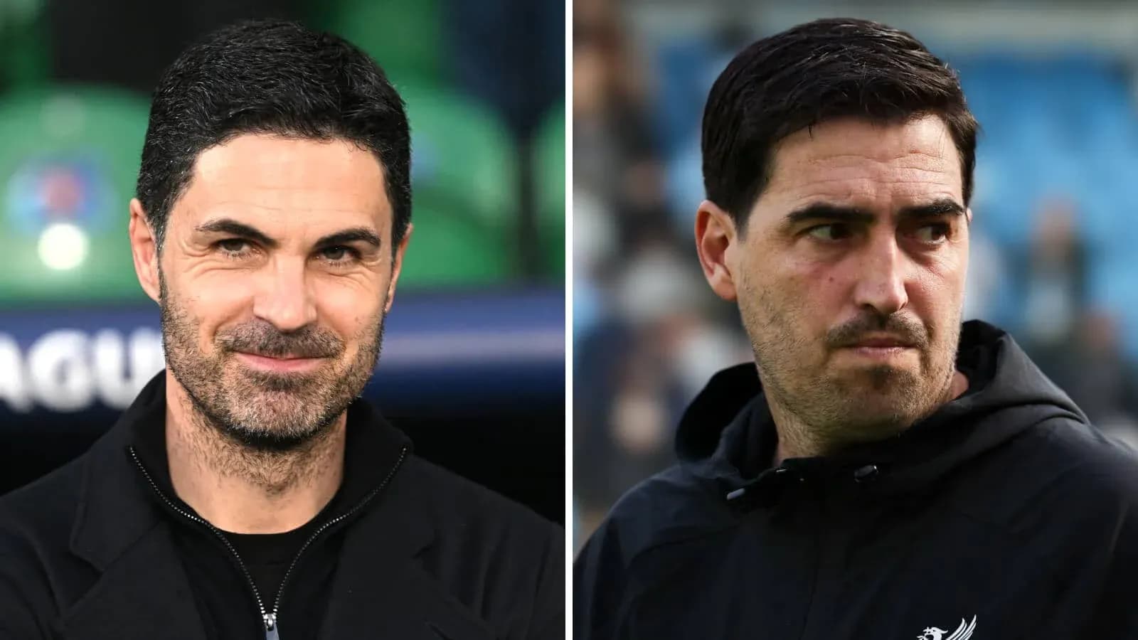 Two football managers side by side, one smiling Two football managers side by side, one smiling