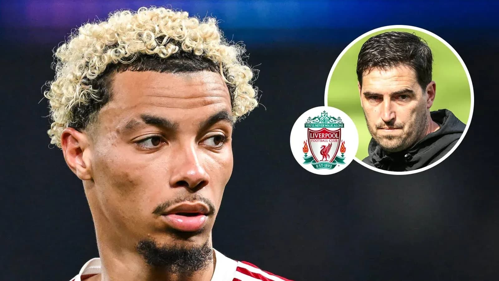 Futbolchi maydoni va Liverpool logotipi bilan kadr Futbolchi maydoni va Liverpool logotipi bilan kadr