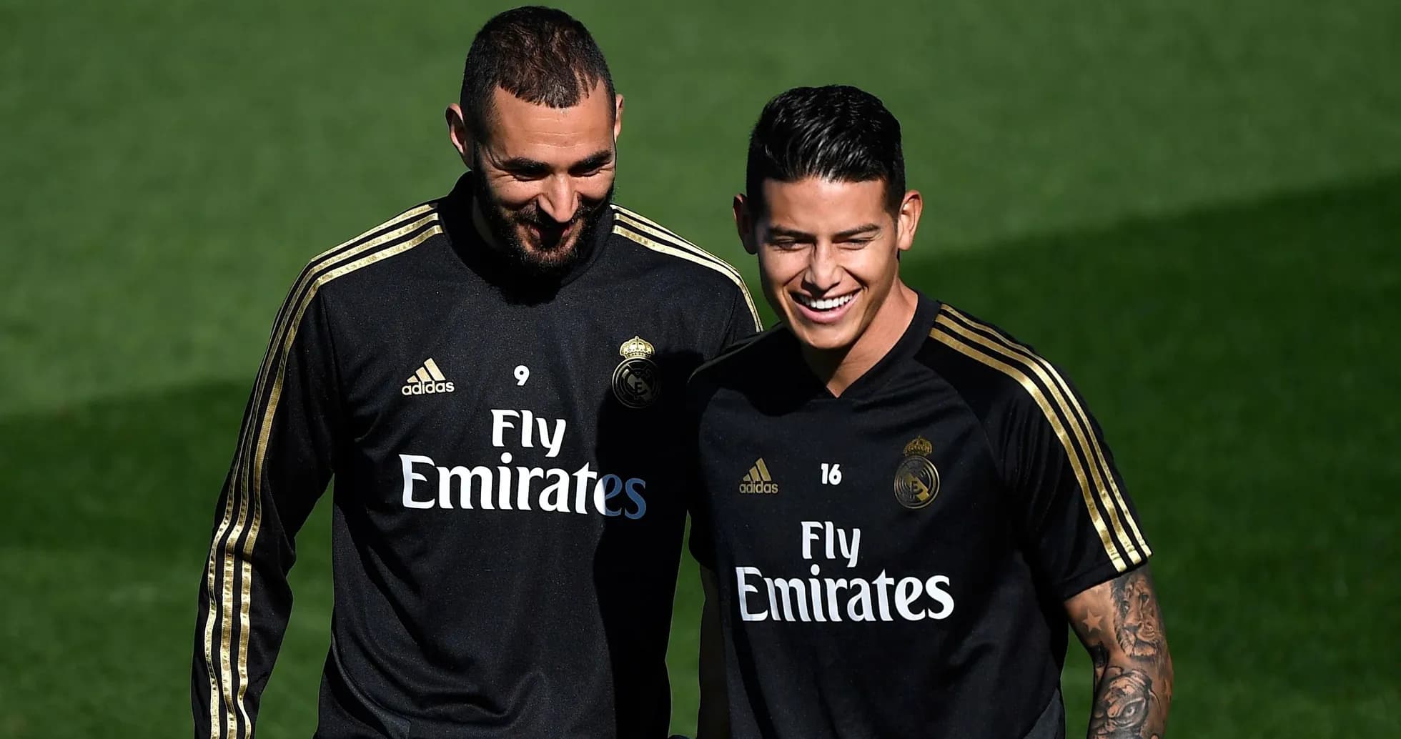 Karim Benzema and James Rodríguez smiling during training Karim Benzema and James Rodríguez smiling during training