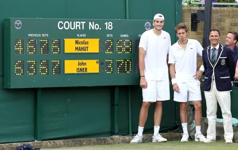 Players with scoreboard at Wimbledon Court No. 18 Players with scoreboard at Wimbledon Court No. 18