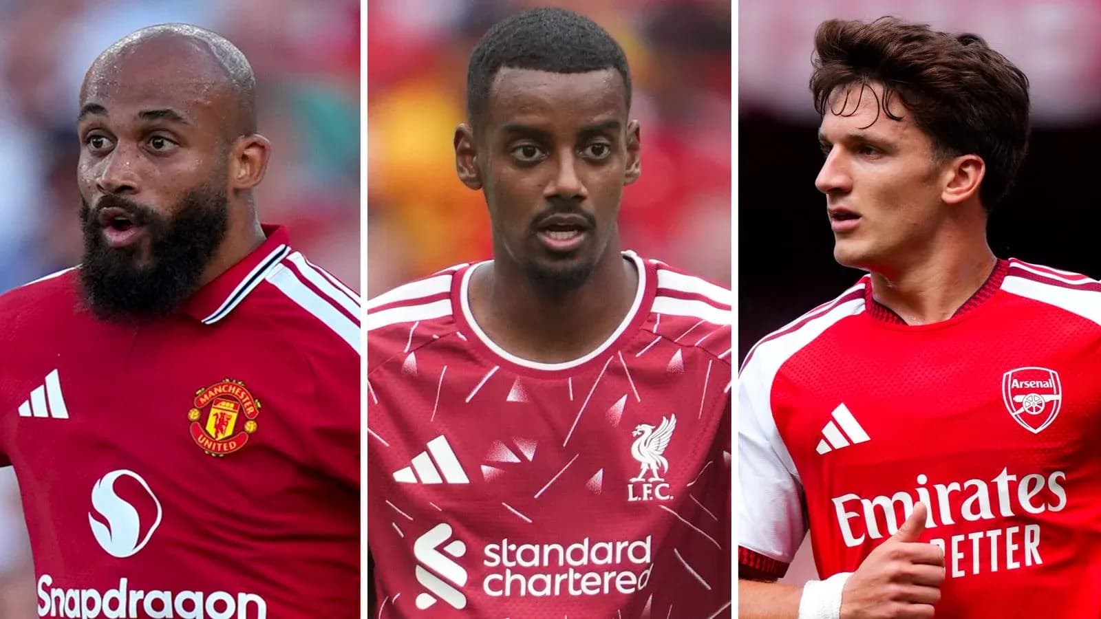 Three football players in club jerseys on pitch Three football players in club jerseys on pitch