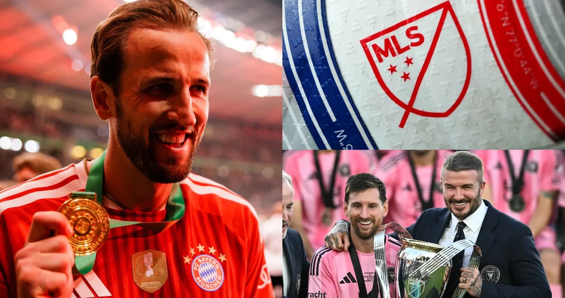 Harry Kane celebrating with medal, MLS logo, Messi and Beckham with trophy Harry Kane celebrating with medal, MLS logo, Messi and Beckham with trophy