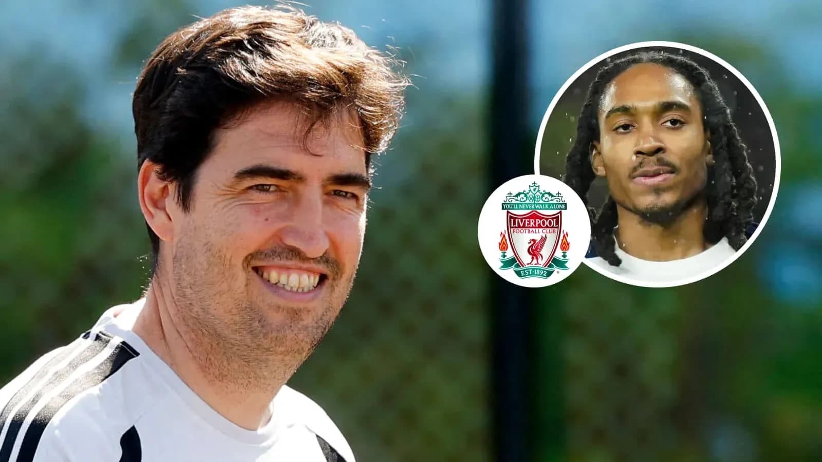 Trener va Liverpool futbolchisi mashg'ulotda Trener va Liverpool futbolchisi mashg'ulotda