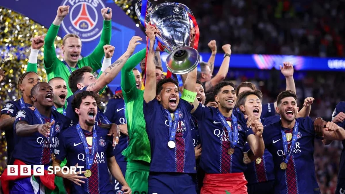 PSG players celebrating UEFA Champions League victory PSG players celebrating UEFA Champions League victory