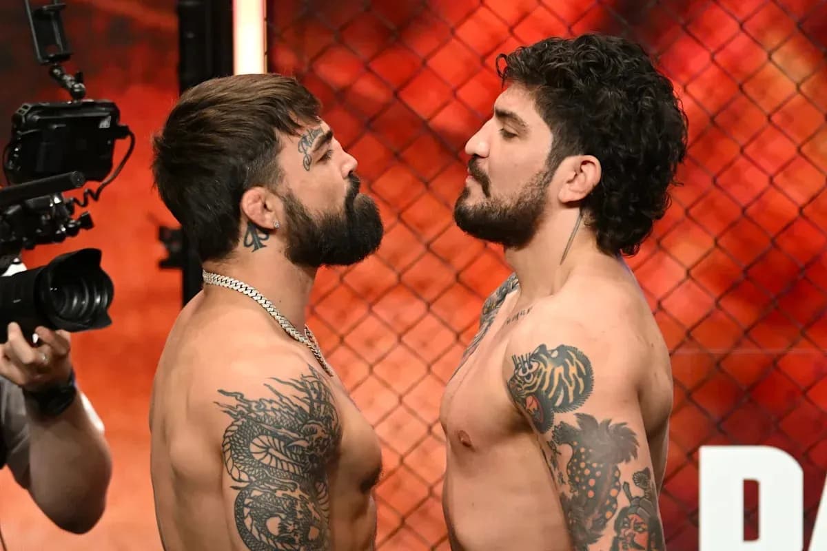 Duel between two fighters at weigh-in event Duel between two fighters at weigh-in event