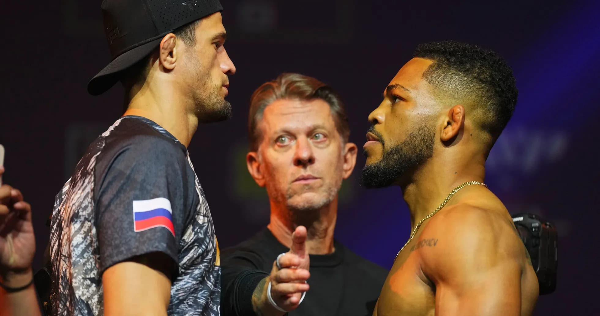 Fighters facing off during weigh-in event Fighters facing off during weigh-in event