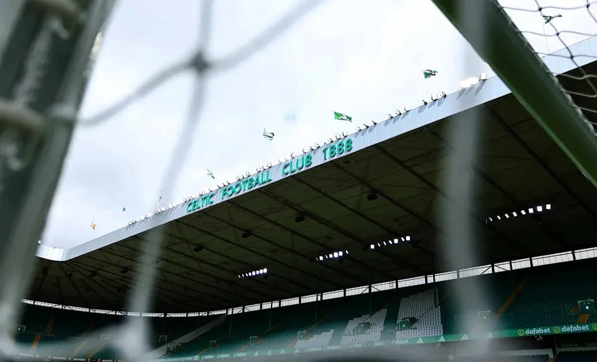 Celtic Park stadium with goal net in foreground Celtic Park stadium with goal net in foreground