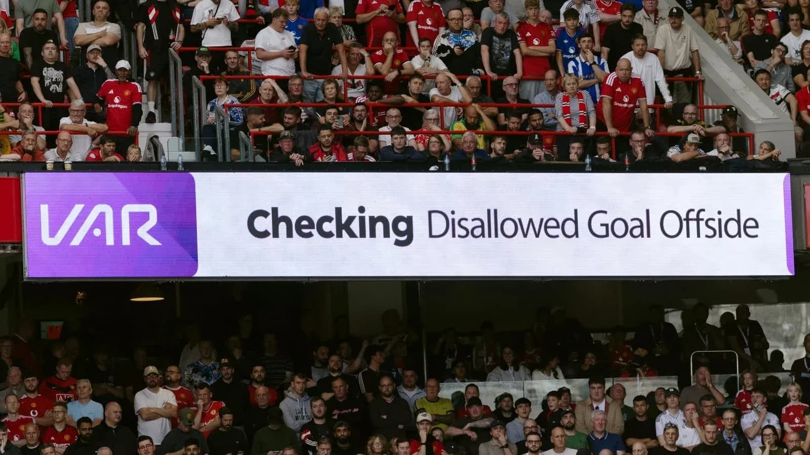 VAR screen displaying disallowed goal message in stadium VAR screen displaying disallowed goal message in stadium