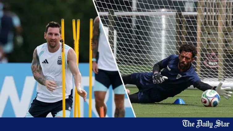 Messi training with agility poles, goalkeeper diving Messi training with agility poles, goalkeeper diving