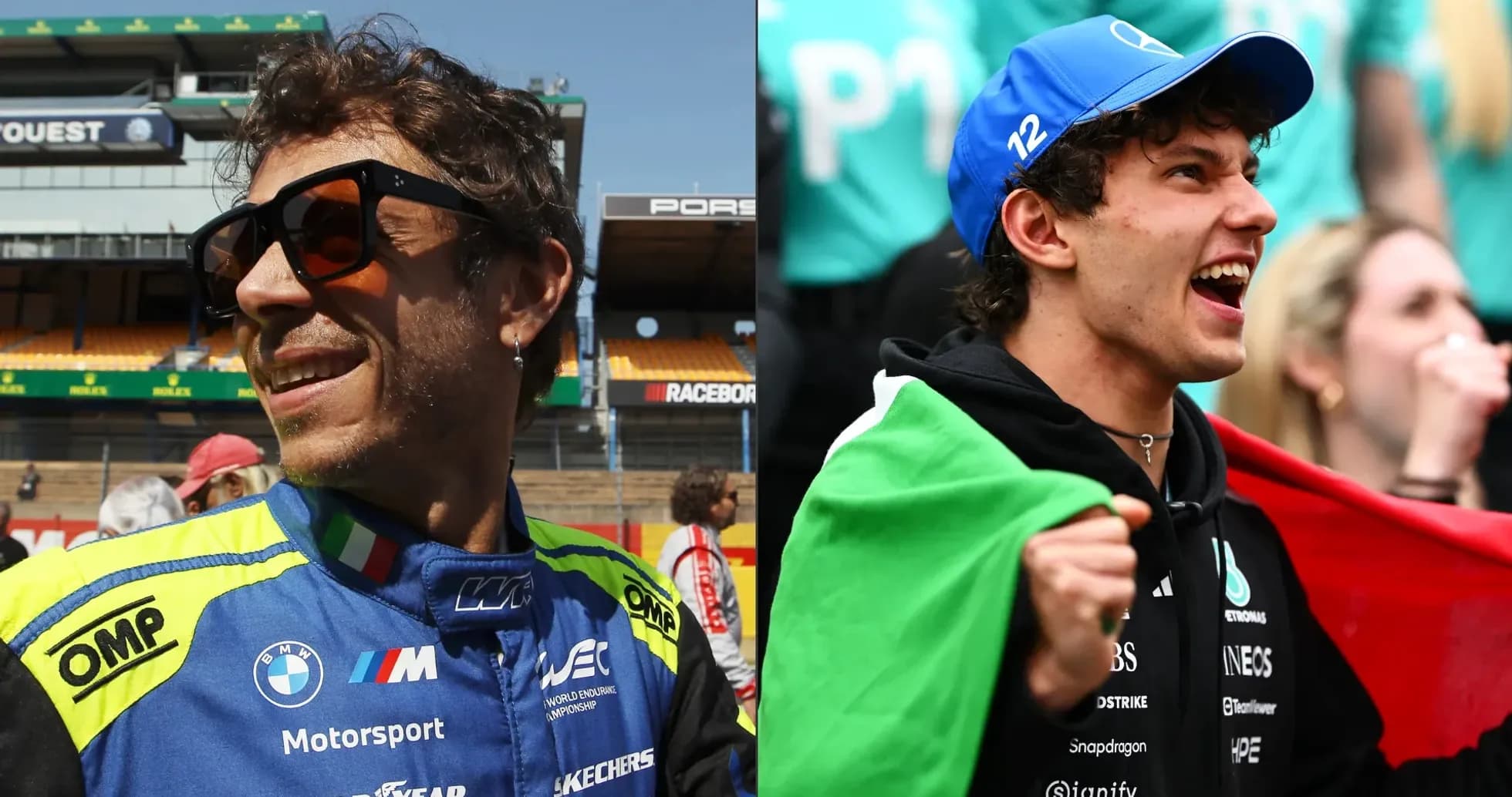 Two motorsport fans celebrating at a race event Two motorsport fans celebrating at a race event