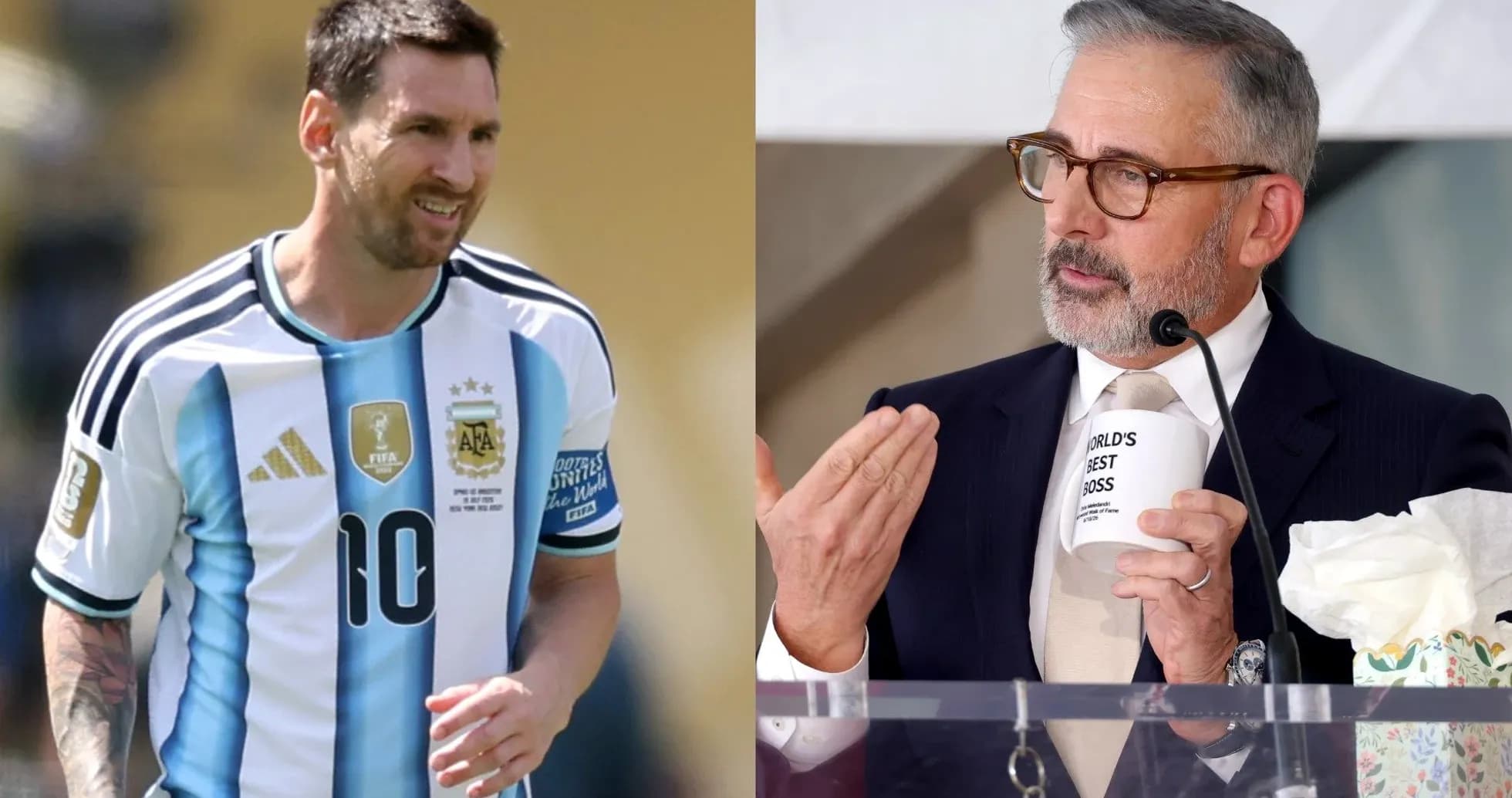 Lionel Messi in Argentina jersey, Steve Carell at podium Lionel Messi in Argentina jersey, Steve Carell at podium