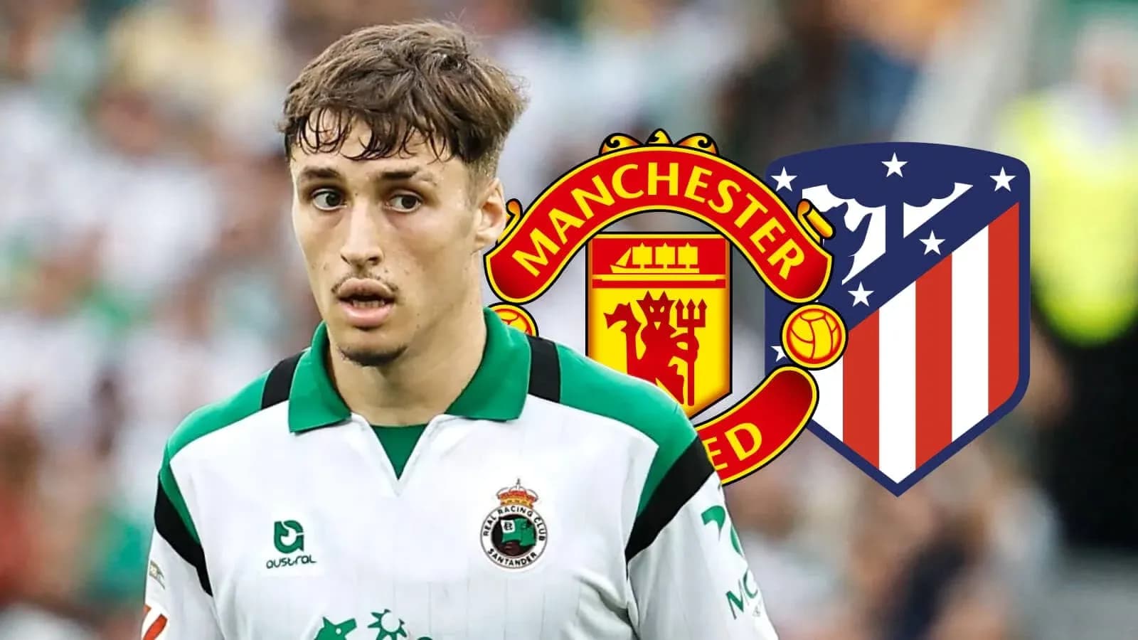 Futbolchi maydonda, Manchester United va Atletico Madrid logotiplari Futbolchi maydonda, Manchester United va Atletico Madrid logotiplari