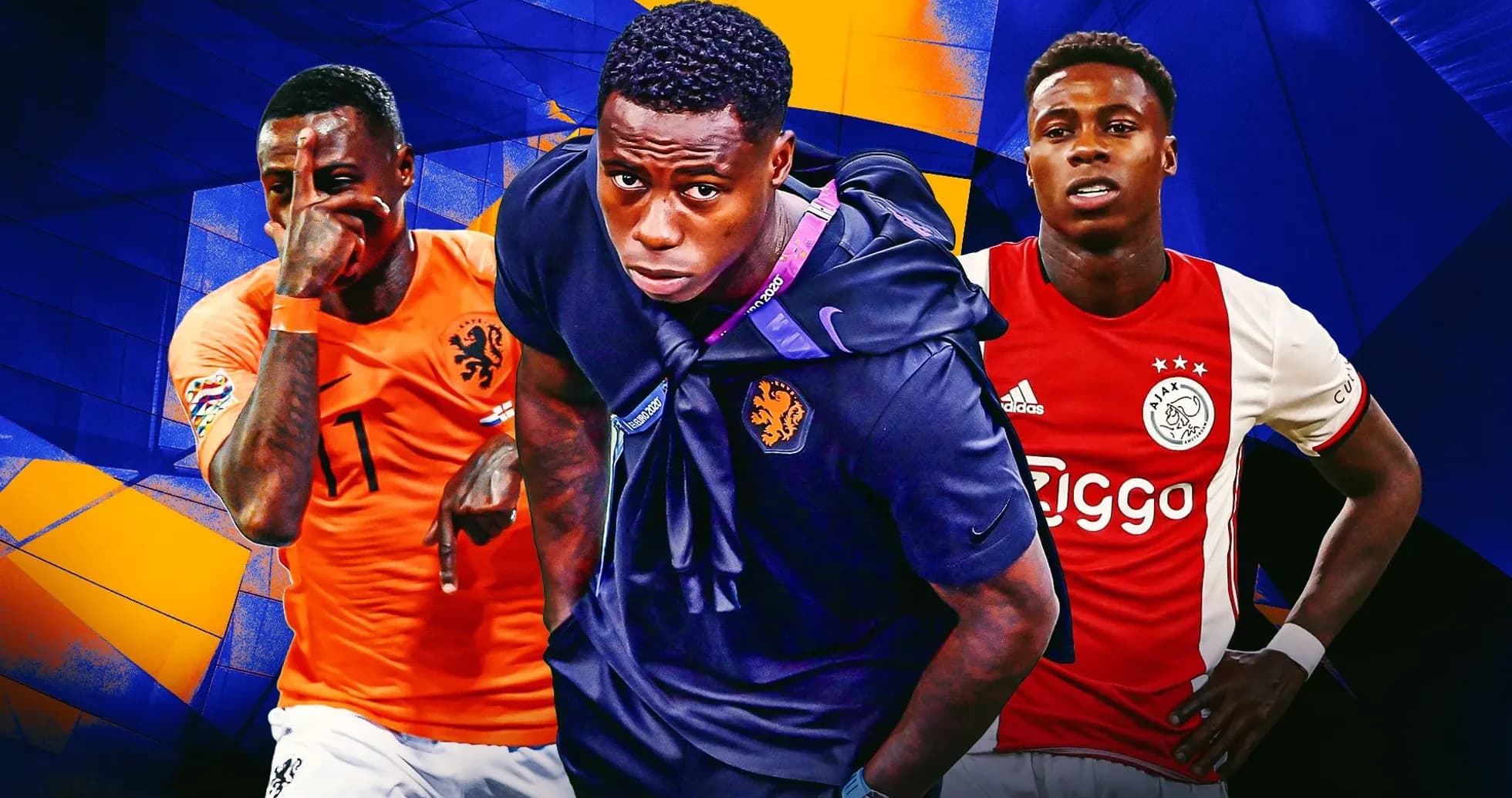 Three football players in team jerseys and poses Three football players in team jerseys and poses